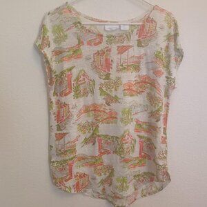 CYNTHIA ROWLEY WOMEN'S TOP TEE CAP SLEEVE VILLAGE SCENE 100% LINEN SIZE LARGE